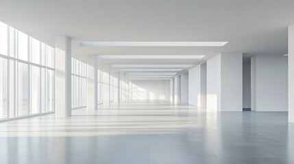 Poster - Modern minimalist open office interior showcasing expansive light-filled space with large windows and neutral color palette.