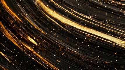 Poster - horizontal black background with shimmering golden glitter and light rays for elegant abstract desig