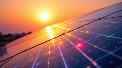 Large solar panel array harnessing energy at sunrise with vibrant colors reflecting on its surface.