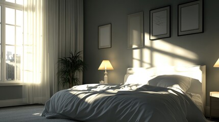 Poster - Contemporary bedroom interior showcasing natural light and shadow dynamics for a serene and inviting atmosphere.