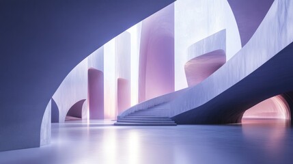 Poster - Modern architectural interior of a corporate or museum hall featuring abstract design and soft pastel lighting elements