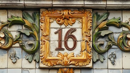 Poster - Decorative house number 16 artfully displayed on an ornate tile with intricate floral design and aged textures