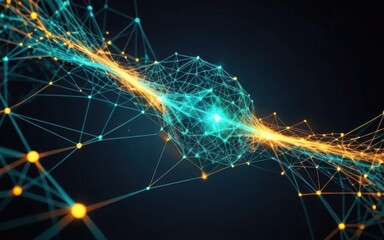 Poster - Abstract technology background with a glowing particle mesh and digital connections forming a futuristic design