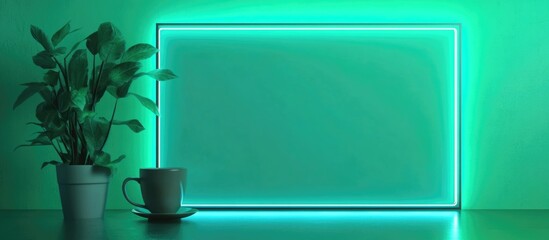Poster - Neon Green Light Empty Canvas Frame Mockup with Coffee Cup and Plant for Modern Interior Design Inspiration and Copy Space