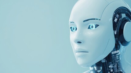 Poster - AI Technology and Ethical Data Analytics Concept with Futuristic Robot Face and Space for Text in Soft Blue Background