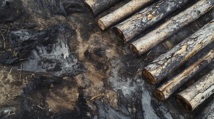 Poster - Wooden logs arranged on a textured ground with visible metal traces and empty space for text in a natural landscape setting.