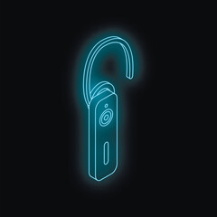 Wall Mural - Neon blue glowing bluetooth headset on black background representing modern wireless communication technology