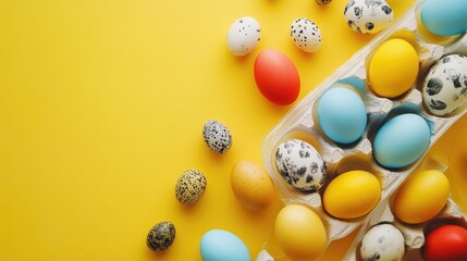 Poster - Colorful Easter eggs and quail eggs arranged in cartons on a bright yellow background for festive spring decoration and celebration themes