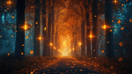 Poster - Misty forest pathway illuminated by glowing foliage at night with tall trees creating a fantasy atmosphere and blank space for text insertion