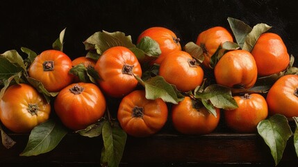 Poster - Freshly harvested persimmons with green leaves displayed horizontally on a dark background showcasing their vibrant color and texture.