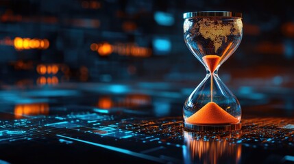 Poster - Hourglass on digital table symbolizing time management in big data and cloud storage with AI technology elements