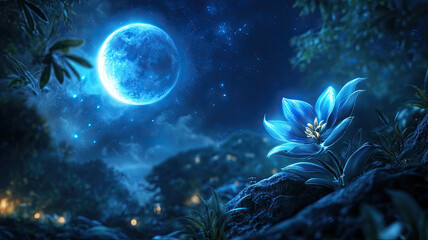 glowing blue flower under luminous full moon in mystical night landscape