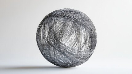 Poster - Fine steel wire orb creatively arranged on a minimalist white background showcasing intricate textures and modern design aesthetics.