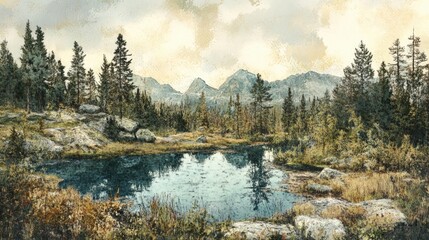 Poster - Scenic horizontal banner depicting a serene natural landscape with mountains and a tranquil pond reflecting the surrounding wilderness.