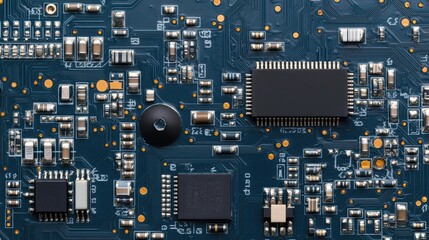 Poster - Close up of advanced circuit board with intricate electronic components and ample copy space for technology related text and graphics