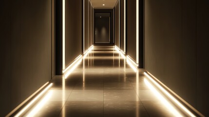 Poster - Sleek and modern illuminated corridor with glowing floor tiles and ambient lighting creating a stylish atmosphere in dark surroundings