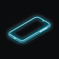 Poster - Isometric view of glowing neon smartphone on dark background representing modern mobile technology