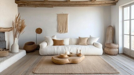 Fototapete - Cozy minimalist living room featuring light decor, soft sofa cushions, and natural elements against white walls and wooden flooring