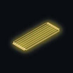 Poster - Glowing neon yellow ide cable floating on black background, representing data transfer, connectivity, and computer hardware