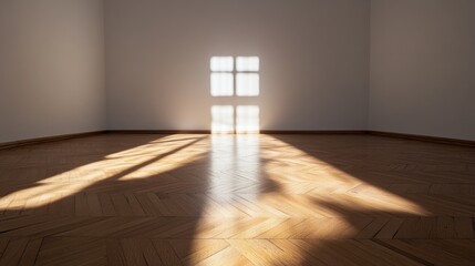 Wall Mural - Sunlight Casting Shadows on Polished Wooden Parquet Floor with Minimalist White Wall Interior Design