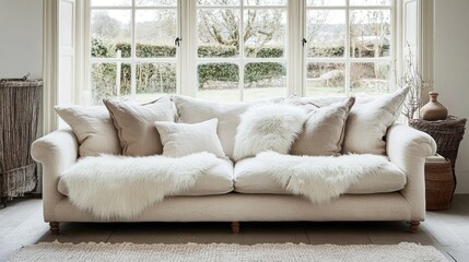 Wall Mural - Cozy light beige sofa adorned with white furry pillows, bathed in natural light from expansive windows, enhancing a serene living space.