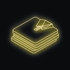 Poster - folded shirts with buttons and collar forming a glowing neon yellow laundry or shopping icon, isolat