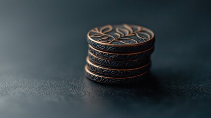 Poster - Detailed Macro Shot of a Stack of Intricately Designed Coins on a Dark Surface