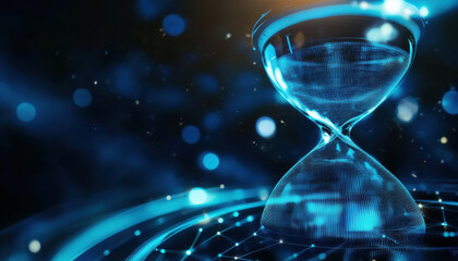 Poster - glowing digital hourglass overlaid on futuristic background