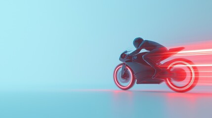 Poster - Futuristic Motorcycle with Glowing Energy Wheels in Motion Against a Soft Blue Background