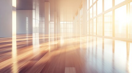 Poster - Spacious modern interior with luminous hardwood floors and large windows reflecting soft natural light