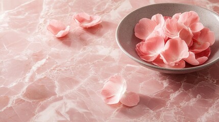 Poster - Elegant minimalist still life with pink petals in a bowl on soft pink marble background creating a serene and soothing ambiance.