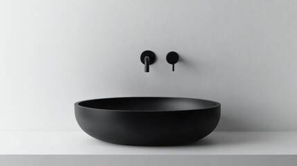 Fototapete - Sleek Black Sink and Faucets against Minimalistic White Wall in Contemporary Bathroom Design