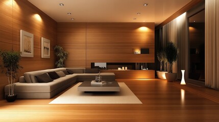 Poster - Stylish modern loft living room with wooden walls, hardwood flooring, and elegant lighting creating a sophisticated interior design ambience
