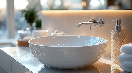 Fototapete - Luxurious bathroom close-up featuring an elegant basin and gleaming fixtures reflecting in a modern mirror setting.