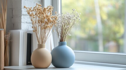 Poster - Stylish lounge interior featuring decorative vases with dried flowers on a minimalist table by a sunlit window