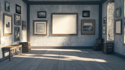 Poster - Spacious modern living room featuring multiple empty picture frames on textured walls illuminated by natural light through windows