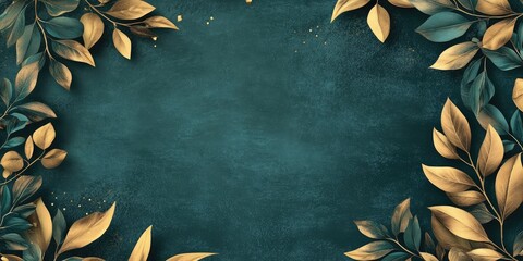 Poster - Elegant forest green background with golden leaves and yellow borders providing ample copy space for text in an exclusive collection design.