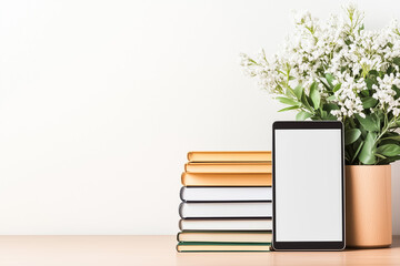 Poster - An e-reader rests on a simple wooden desk, positioned next to a stack of books and a vase filled with flowers. Bright natural light fills the space, enhancing the minimalist aesthetic