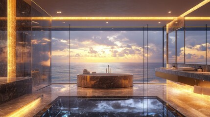 Poster - Luxury oceanview bathroom featuring panoramic windows, spa bathtubs, and elegant modern designs for a tranquil home interior experience.