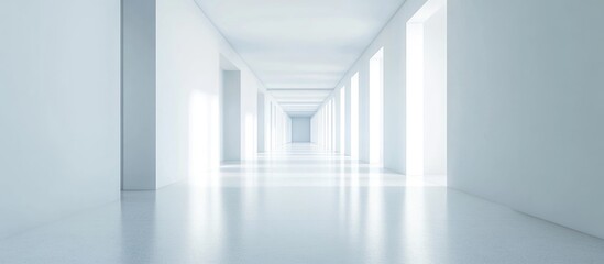 Poster - Sleek modern office corridor with bright open space and ample area for text overlays in a minimalistic design