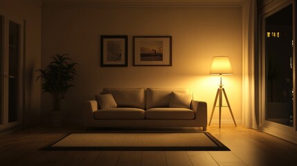 Poster - Cozy modern living room illuminated by soft lamp light featuring a neutral sofa and minimal decor in a serene evening setting