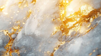 Poster - Macro shot of elegant marble stone texture showcasing light gray and white tones enhanced with golden mineral veins and glowing highlights