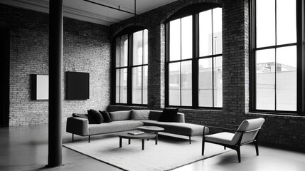 Poster - Contemporary loft living space featuring soft brick walls large windows and minimalist black and white furniture design