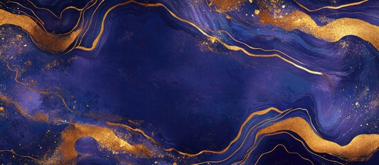 Poster - Modern abstract marble background in deep blue and purple hues with elegant gold accents and ample space for text placement