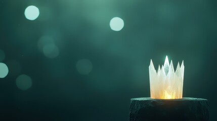 Aufkleber - Glowing Crystal Crown Resting on a Pedestal Amidst a Dreamy Green Background with Soft Bokeh Effects