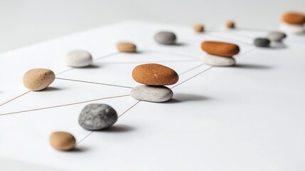 Poster - Minimalist stone network on paper illustrating connections and relationships in a simplistic and creative manner.