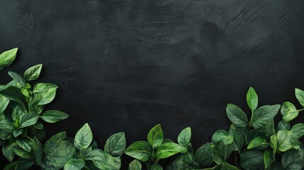 Poster - Lush Green Plant Leaves Bordering Textured Chalkboard Background for Creative Designs