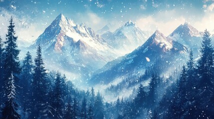 Wall Mural - Majestic winter landscape with snow-capped mountains and tranquil forest setting showcasing serene beauty and natural wonder.