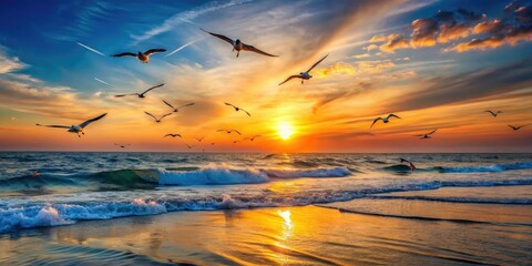 Wall Mural - softly glowing sunset over the ocean with gentle waves and seagulls flying in the sky, peaceful ambi