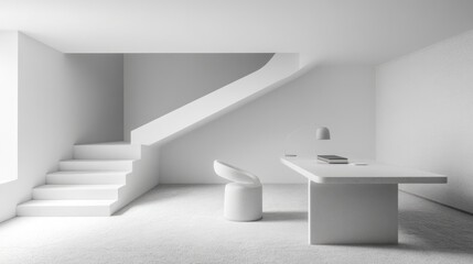 Poster - Minimalist Workspace with White Desk Chair, Carpet, and Clean Modern Wall Design